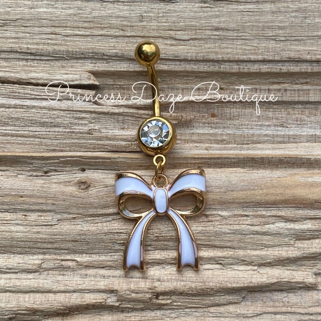 Gold White Bow Dangle Belly Button Ring Navel Piercing Jewelry Gold White Bow Dangle Belly Button Ring Navel Piercing Jewelry